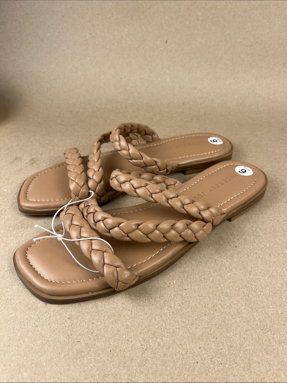 Sincerely Jules doubled braided square toe slide sandals size 9 Tan NWOT
